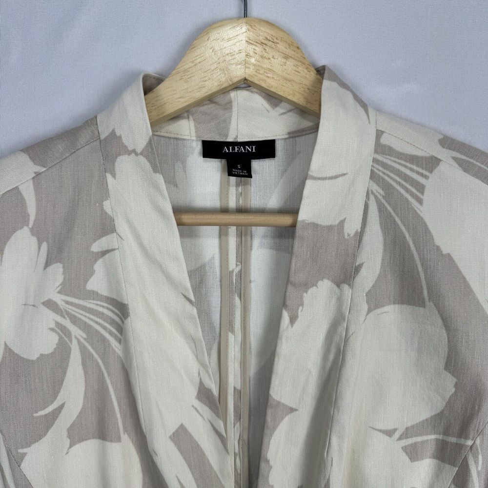 Alfani Floral Linen Cardigan Size Small Long Tan Draped Open Front Ruched Sleeve - Picture 3 of 16